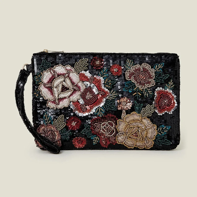 Accessorize London Women's Black Winter Floral Embroidered  Clutch