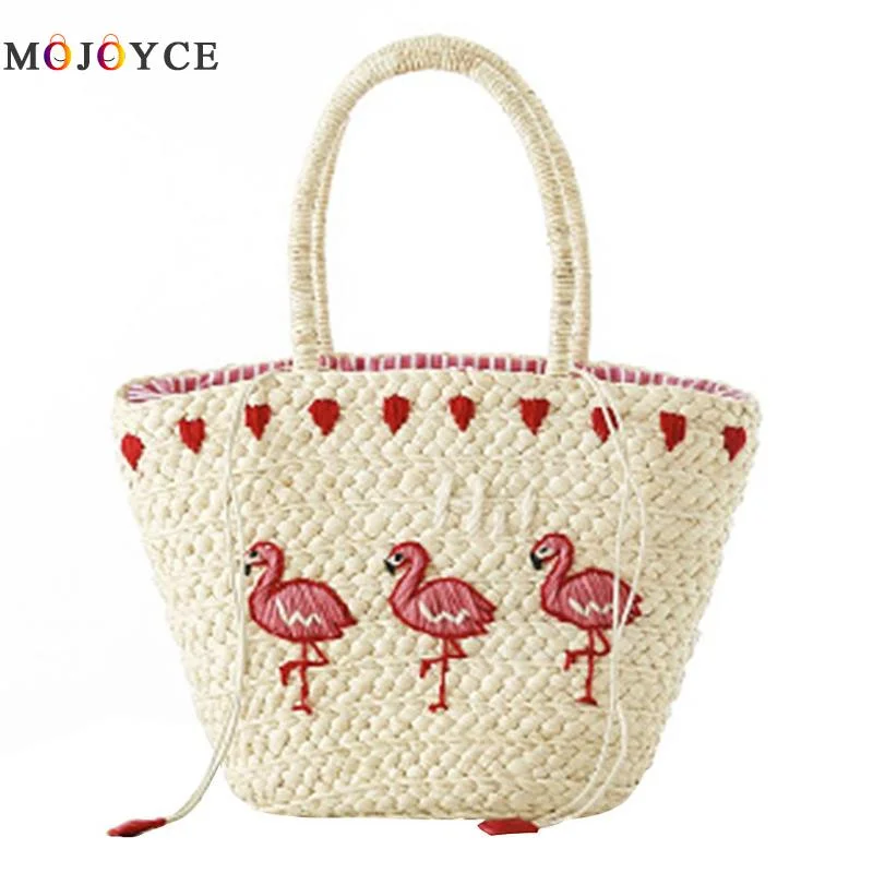 Cartoon Hear Crane Embroidered Straw Weave Women Handbag Drawstring Shopping Tote Holiday Summer Beach Shoulder Bag