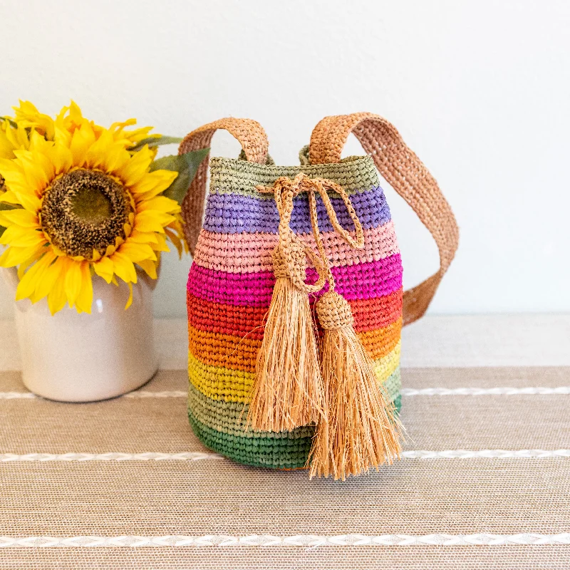 Elena Handbags Women's Raffia Straw Rainbow Crossbody Bucket Bag