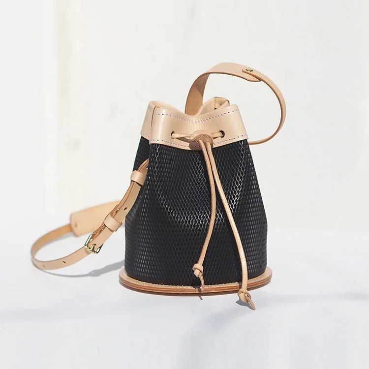 Handmade Womens Bucket Bag Genuine Leather Black Small Shoulder Purse For Women