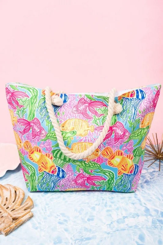 MB0225 Hand Drawn Fish Print Beach Tote Bag