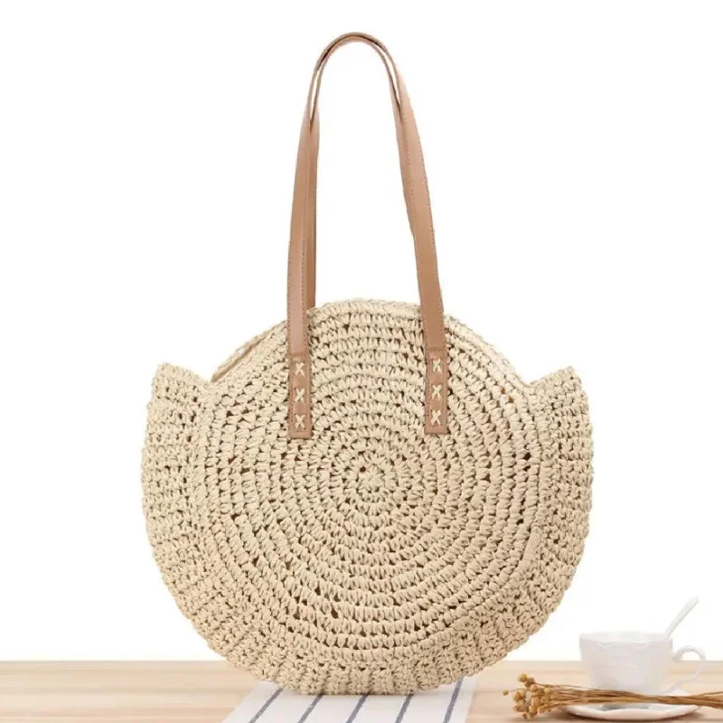 Round Straw Beach Bag In Beige