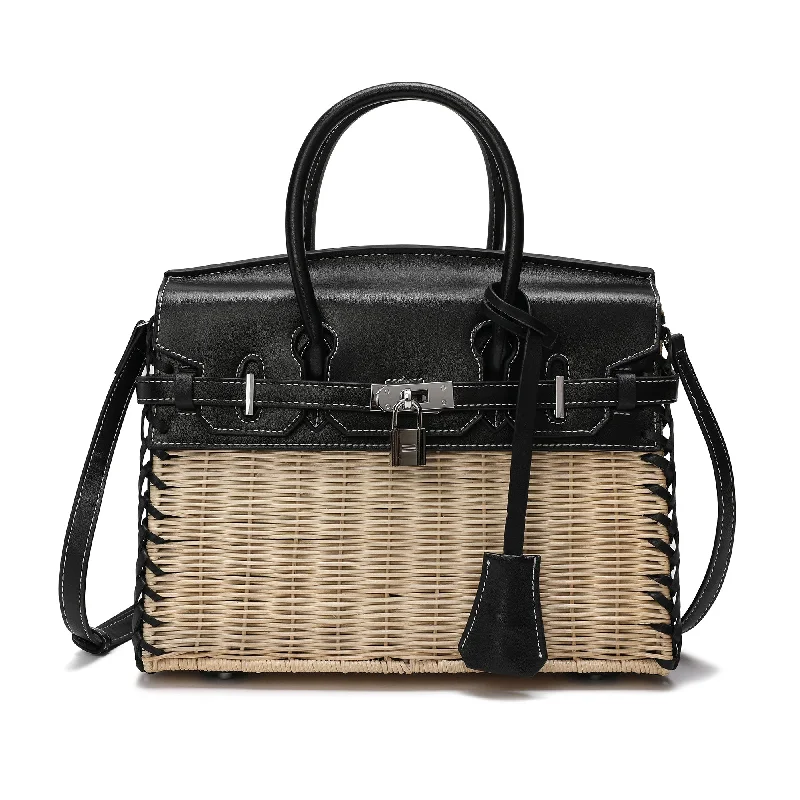 Tiffany & Fred Smooth-Leather & Straw Top-Handle Bag