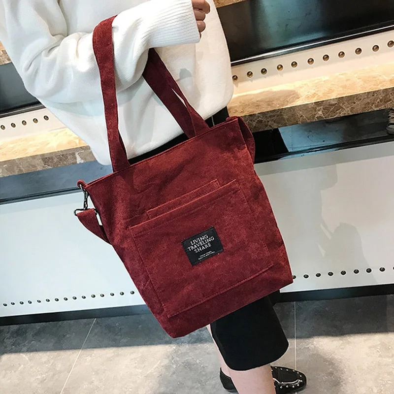 Women Corduroy Shopping Bags Reusable Tote Ladies Casual Shoulder Bag Foldable Beach Shopping Bag Cotton Cloth Female Handbag