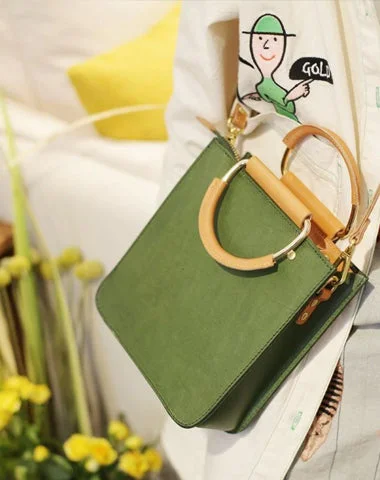 Fashion WOmens Green Leather Wooden Handle Handbag Small Structured Square Shoulder Bag Crossbody Purse